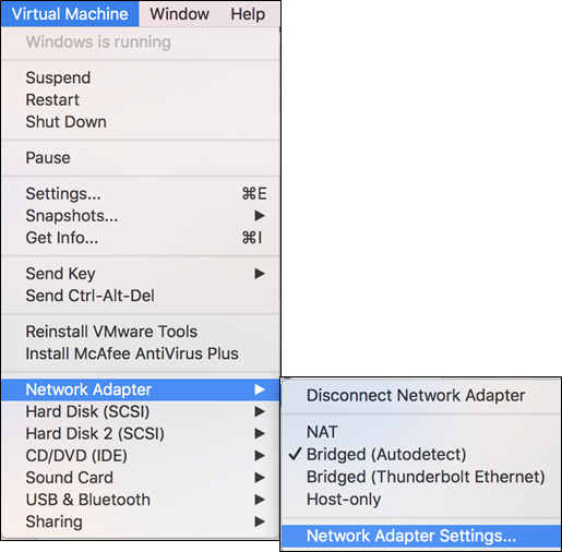 macOS VMware Fusion Networking Adapter Settings Menu