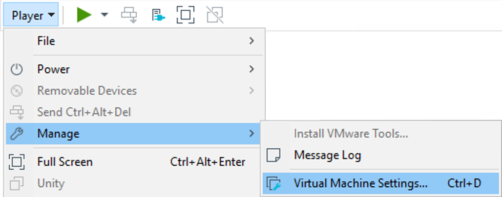 VMware Workstation Player Virtual Machine Settings Menu