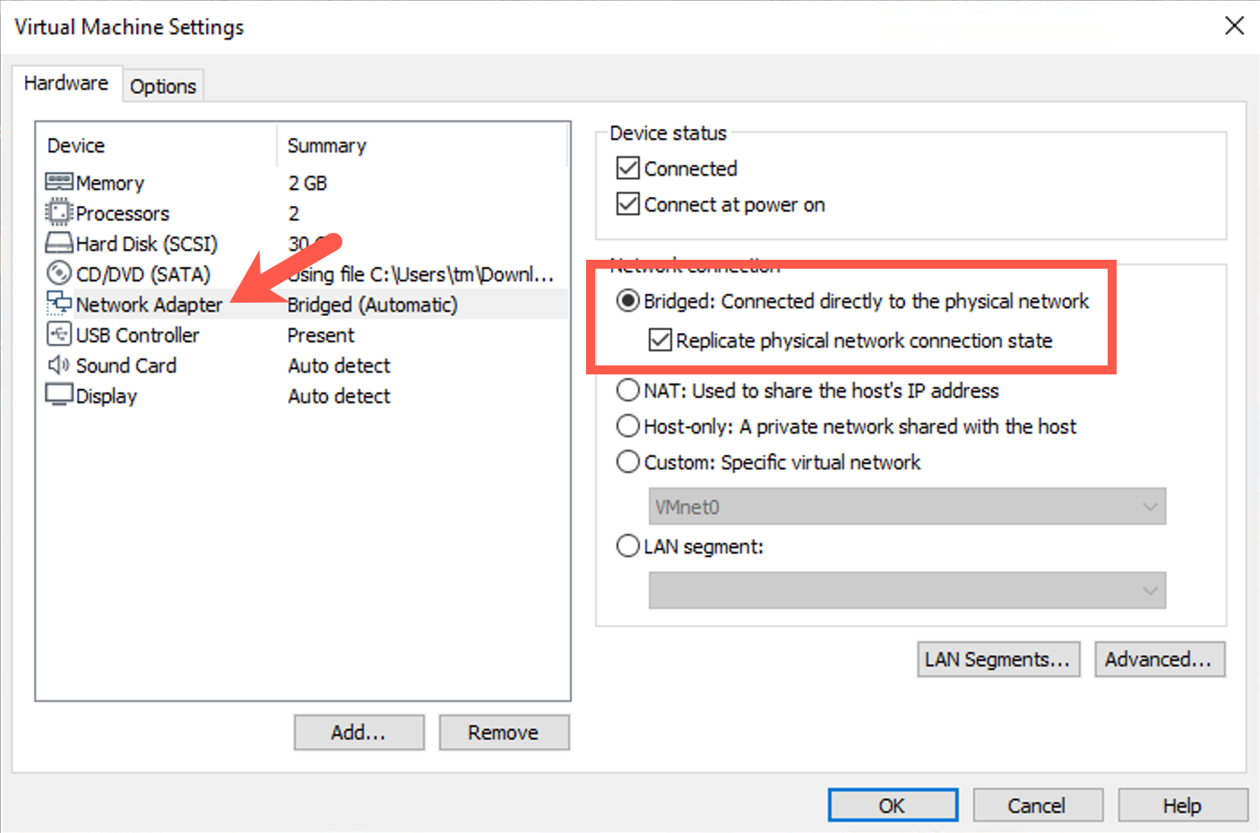 VMware Workstation VM Network Adapter Settings