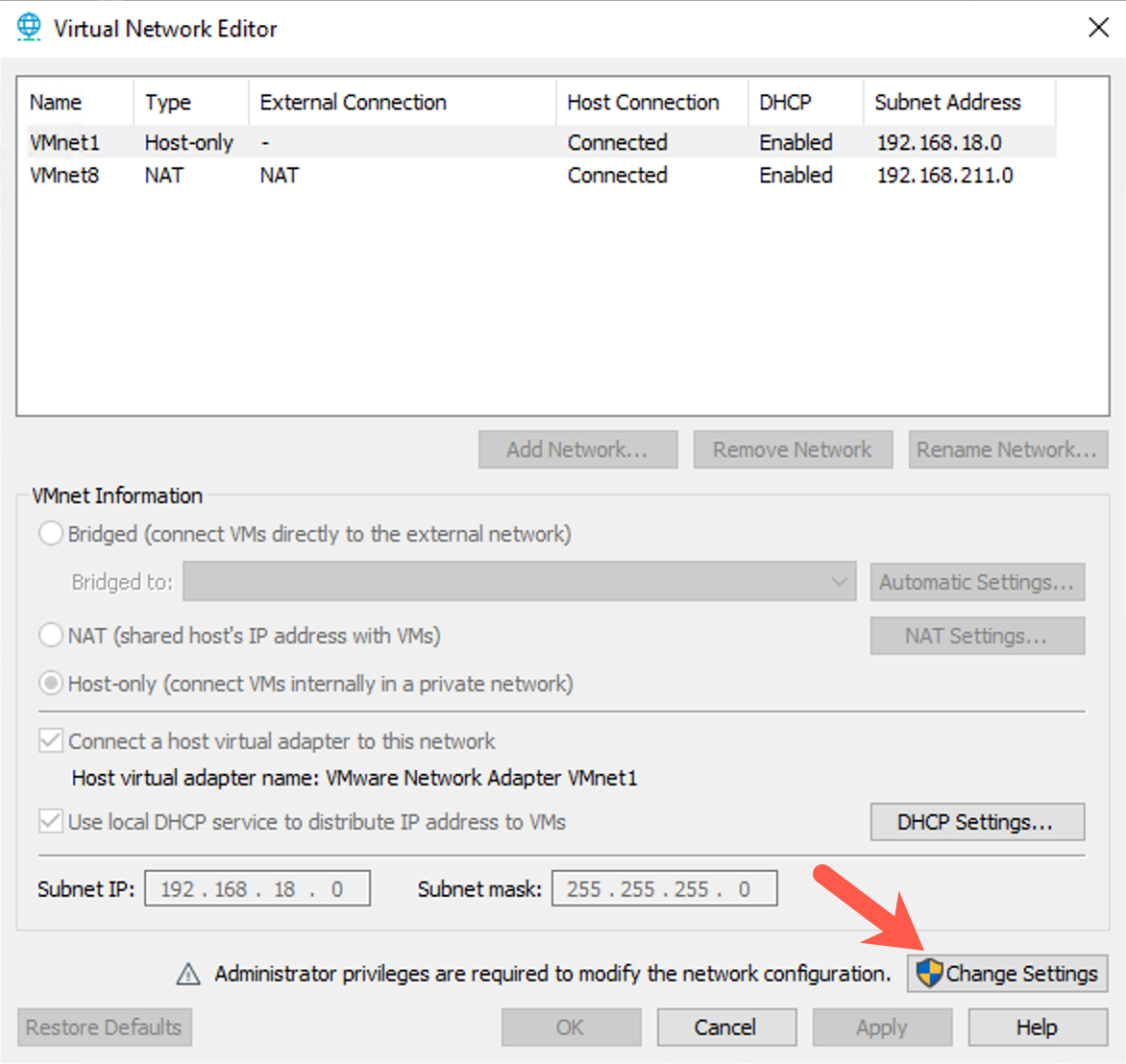 VMware Workstation Virtual Network Editor Menu