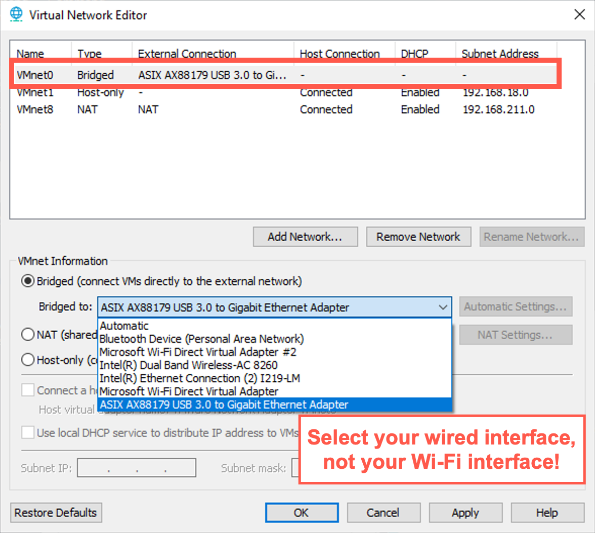 VMware Workstation Virtual Network Editor Menu