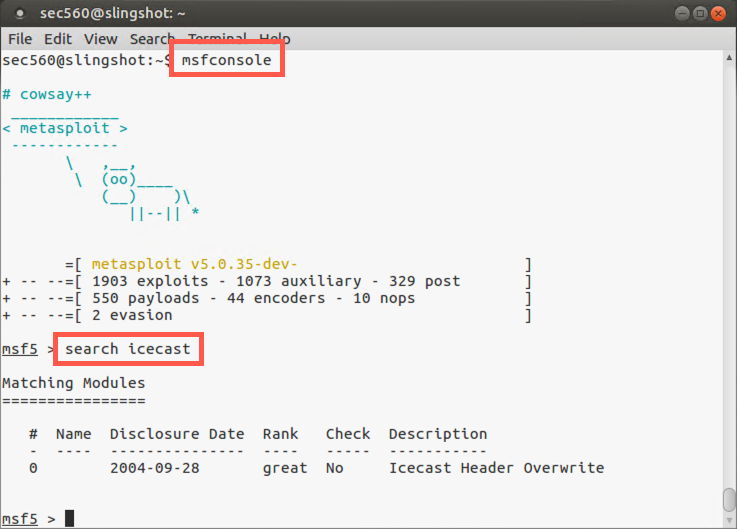 Searching for Icecast in Metasploit