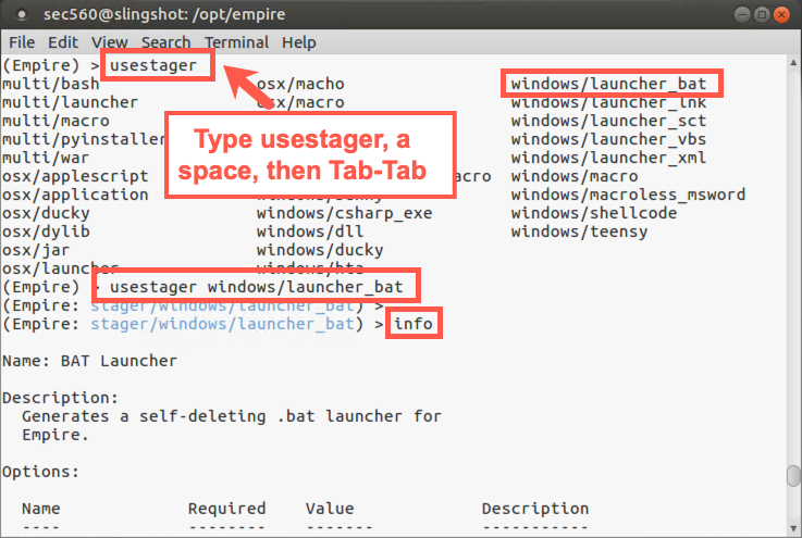 Using the windows/launcher_bat stager