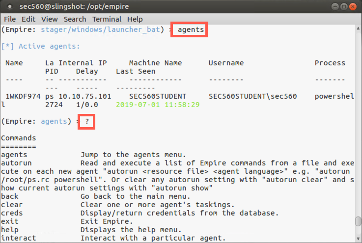 Agents commands list