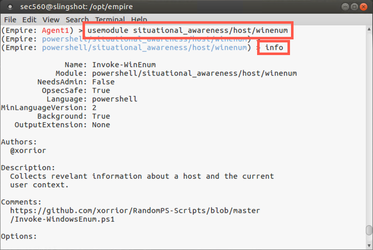 Viewing winenum module info