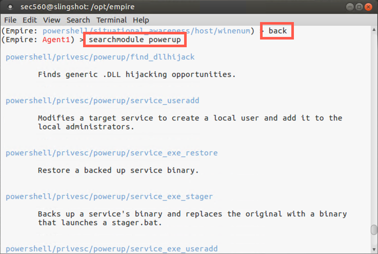 Going back to agent session, searching powerup module