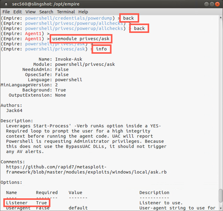 Using privesc/ask module