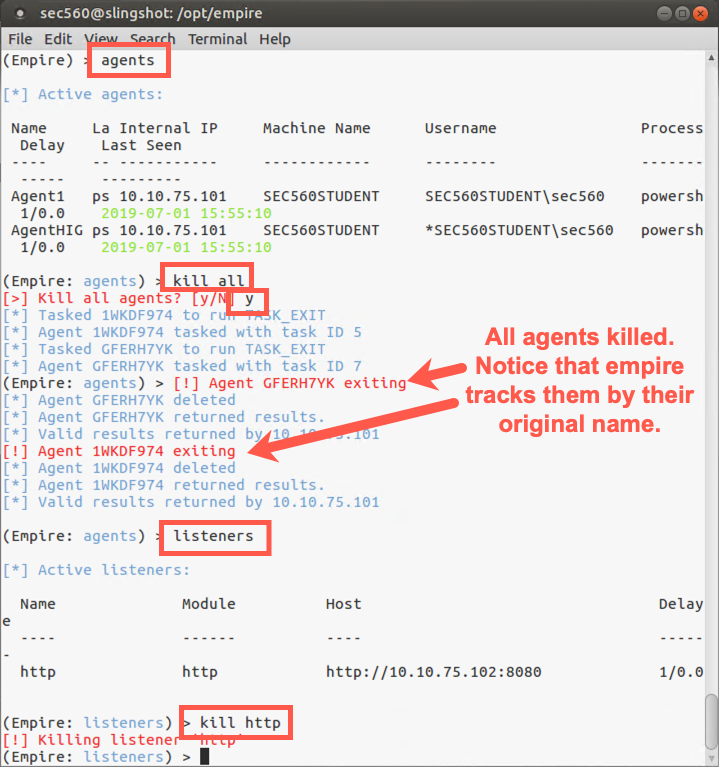 Kill agents and listener