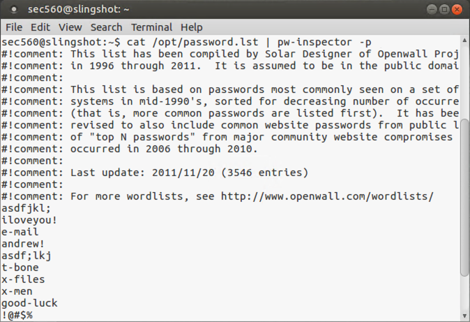 Viewing password.lst pw-inspector