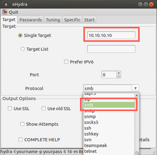 xHydra setup target and protocol setup