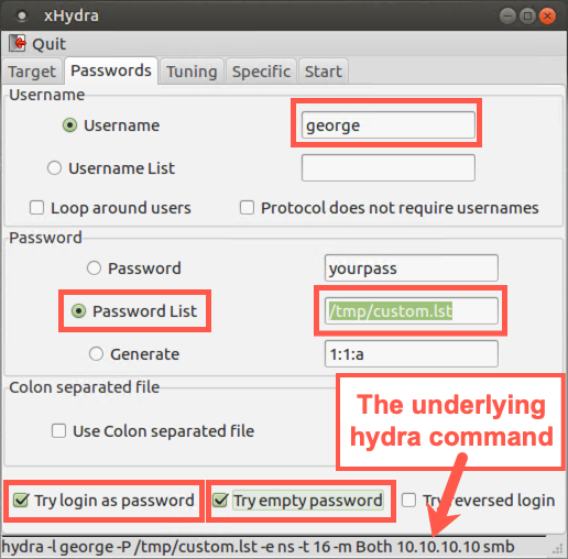 xHydra Username and password list setup