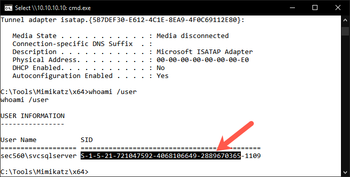 Find the domain SID with the whoami command