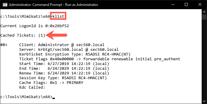 klist shows our injected Golden Ticket