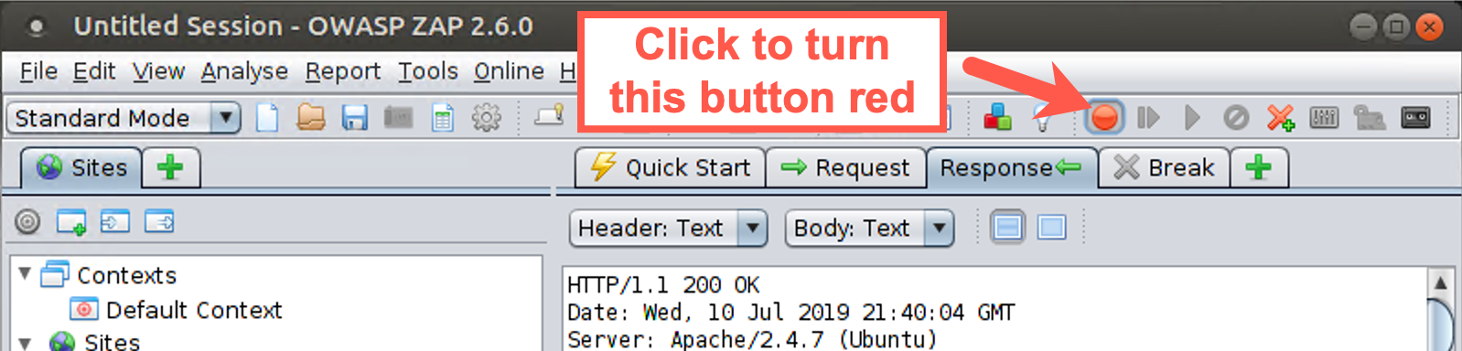 Click the green button to turn it red, telling ZAP to hold onto packets until we manually send them