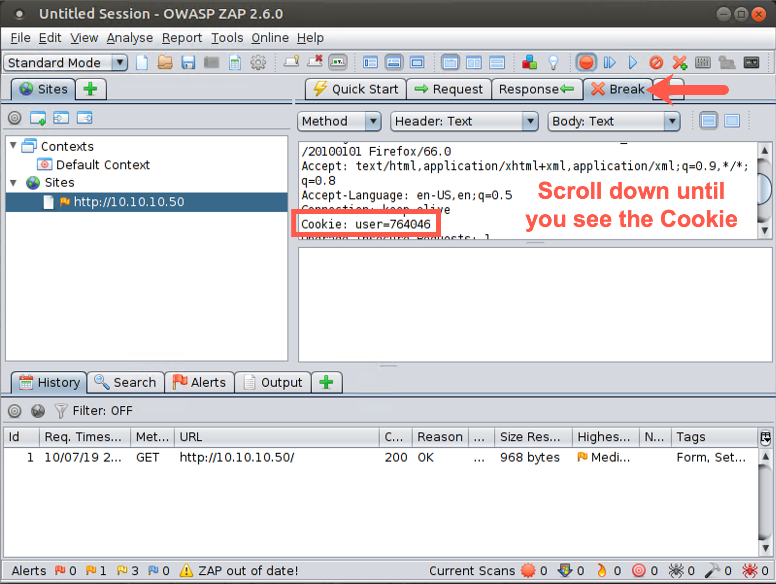 Scroll down the header until you see the cookie value
