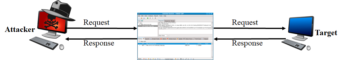 All traffic to and from the webserver passes through ZAP before being displayed in the browser